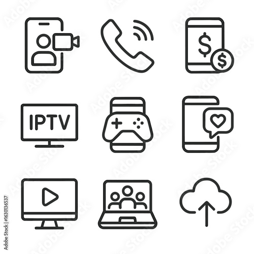 Telecom Icon Set. Outline icon set of telecom applications: video calling, VoIP, mobile banking, IPTV, mobile gaming, social media