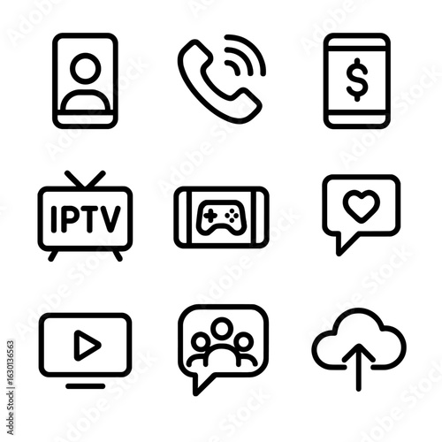 Telecom Icon Set. Outline icon set of telecom applications: video calling, VoIP, mobile banking, IPTV, mobile gaming, social media