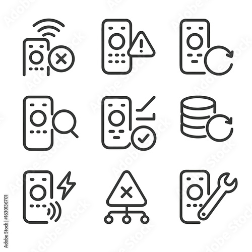 Telecommand Troubleshooting Icons. Outline icon set of telecommand troubleshooting: signal loss, error alert, system reboot,