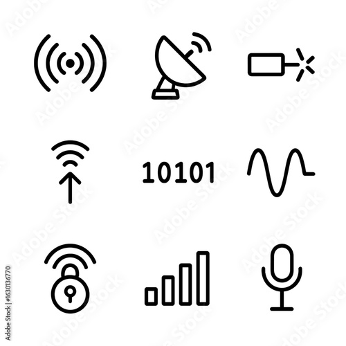 Telecommunication Signal Icons. Outline icon set of telecommand signal types: radio wave, microwave signal, laser communication,