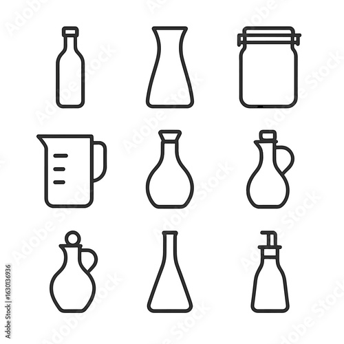 Glass Container Icons. Outline icon set of modern glass containers: slim bottle, tall carafe, airtight jar, measuring jug,