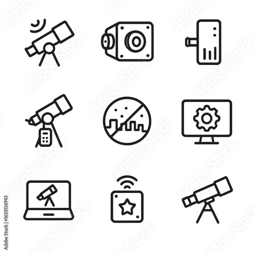 Telescope Technologies Icons. Outline icon set of telescope technologies: adaptive optics, CCD camera, spectrometer, computerized