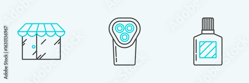 Set line Aftershave, Barbershop building and Electrical hair clipper or shaver icon. Vector