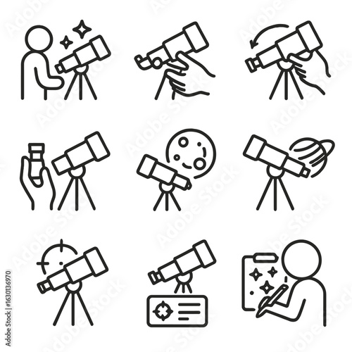 Telescope User Icons. Outline icon set of telescope user actions: stargazing, adjusting focus, aligning scope, changing eyepiece,