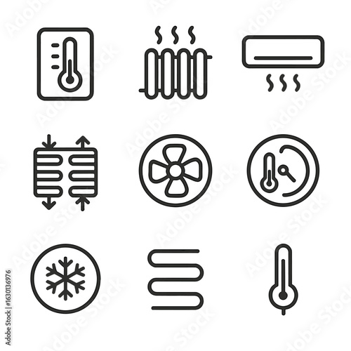 Temperature Control Icons. Outline icon set of temperature control: thermostat, radiator, air conditioner, heat exchanger, cooling