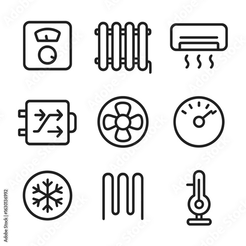 Temperature Control Icons. Outline icon set of temperature control: thermostat, radiator, air conditioner, heat exchanger, cooling