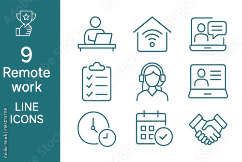 Remote work line icon set. Includes 9 icons: person at desk, WiFi home, laptop, clipboard, headset, laptop with person, clock, calendar, handshake. Created in line style with blue color.