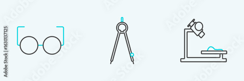 Set line Microscope, Glasses and Drawing compass icon. Vector