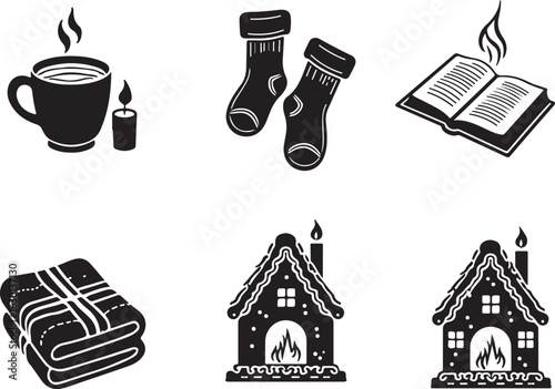 Cozy winter icons: hot drink, socks, book, blanket, gingerbread house