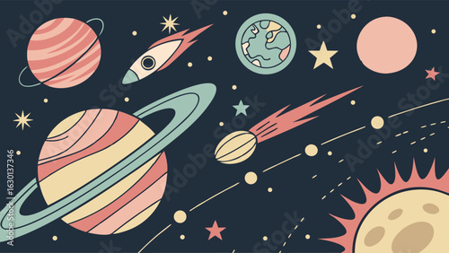 Colorful Retro Space Illustration Featuring Planets Stars and Rocket.