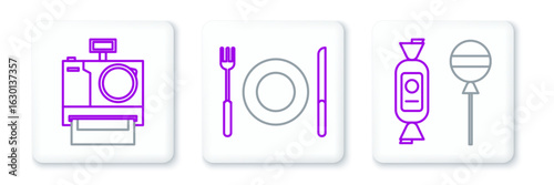 Set line Lollipop, Photo camera and Plate, fork and knife icon. Vector