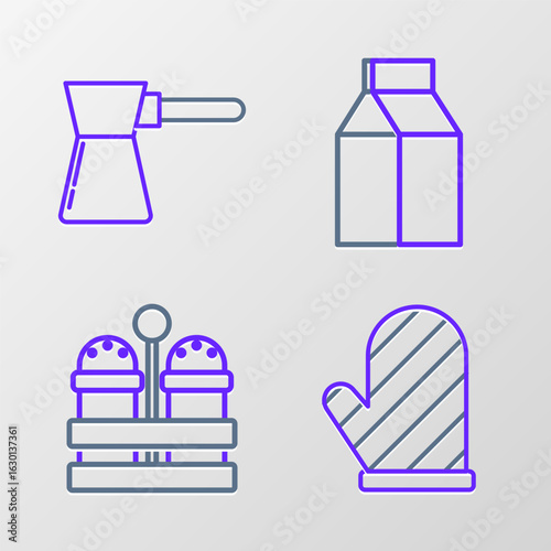 Set line Oven glove, Salt and pepper, Paper package for milk and Coffee turk icon. Vector