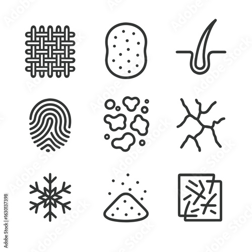 Texture Icon Set. Outline icon set of texture studies: fabric weave, skin pore, hair strand, fingerprint, rust, crack, ice crystal