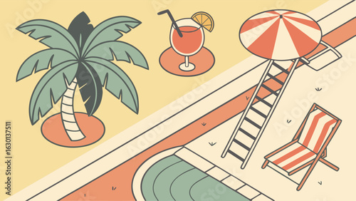 Stylized Illustration of a Tropical Poolside Scene with Palm Tree.