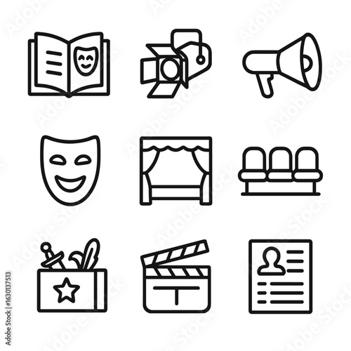 Theater Icon Set. Outline icon set of theater production: script book, stage light, director megaphone, actor mask, stage platform
