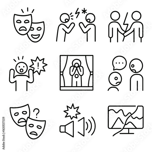 Theatrical Dissonance Icons. Outline icon set of dissonance in theater: intense drama, loud arguments, conflict resolution,