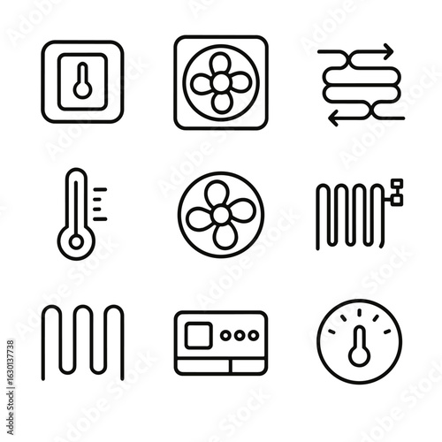 Thermal Automotive Icons. Outline icon set of thermal control systems: thermostat, cooling system, heat exchanger, temperature
