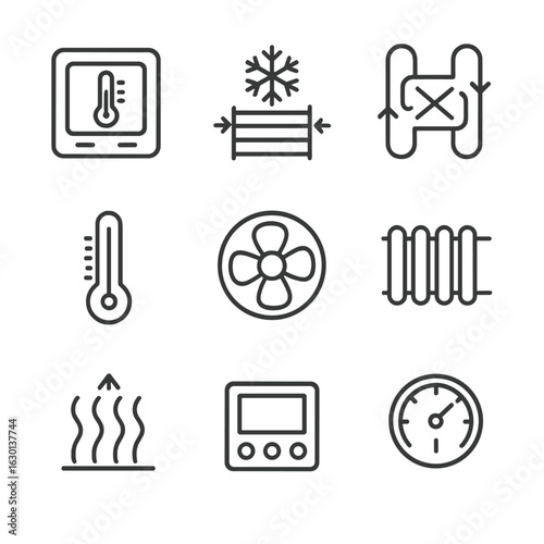 Thermal Automotive Icons. Outline icon set of thermal control systems: thermostat, cooling system, heat exchanger, temperature