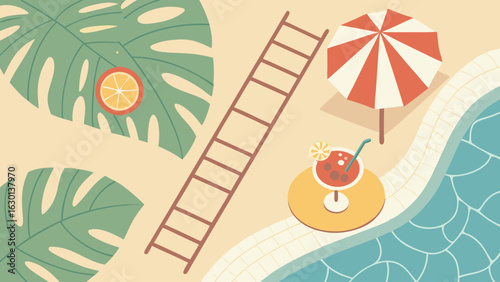 Summer Poolside Paradise Tropical Leaves Ladder Cocktail and Parasol.