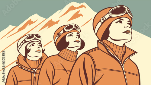 Three Retro Skiers Gazing at Majestic Mountains.