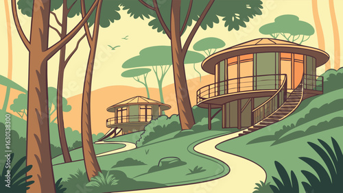Two Circular Treehouses in a Lush Forest Setting.