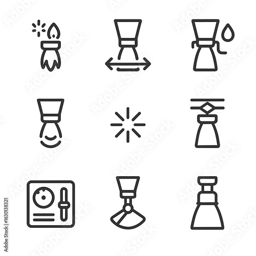 Thruster Operations Icons. Outline icon set of thruster operation: ignition, thrust vectoring, fuel flow, exhaust plume, ignition