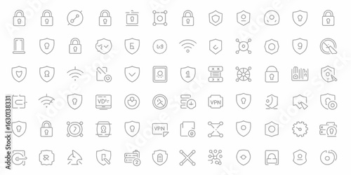 Collection of security and technology icons in a silhouette style isolated on white background