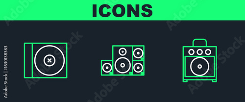 Set line Guitar amplifier, CD or DVD disk and Stereo speaker icon. Vector