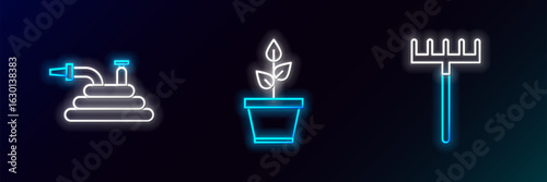 Set line Garden rake, hose or fire hose and Plant in pot icon. Glowing neon. Vector