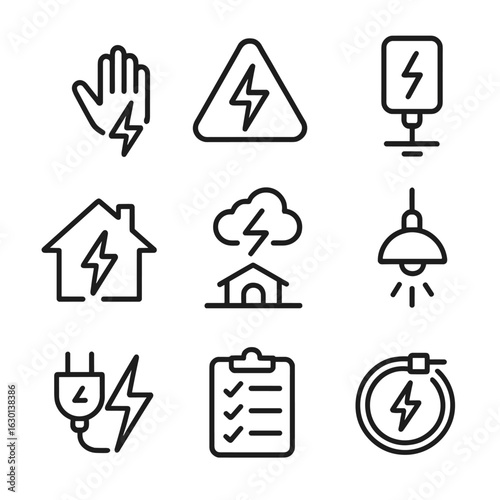 Thunder Safety Icon Set. Outline icon set of thunder in safety: lightning safety, thunderstorm alert, grounded equipment, safe