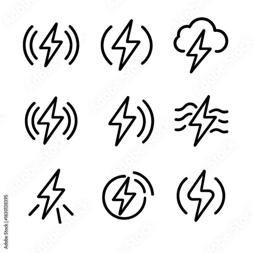 Thunder Sound Icons. Outline icon set of thunder in sound: booming noise, sonic wave, thunderclap, echo, rumble, deep roar, sudden