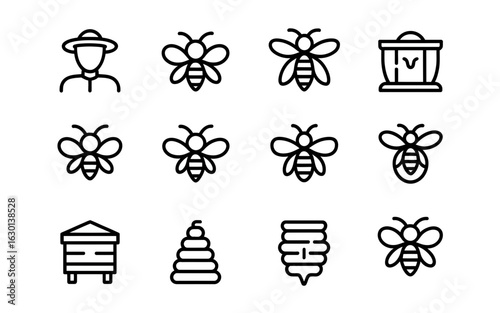 Collection of bee and beekeeper icons silhouette isolated on white background