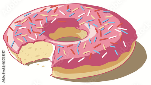 Delicious Pink Frosted Donut with Bite Taken Out.