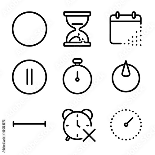 Time Emptiness Icons. Outline icon set of emptiness in time: empty clock face, broken hourglass, fading calendar, paused timer,