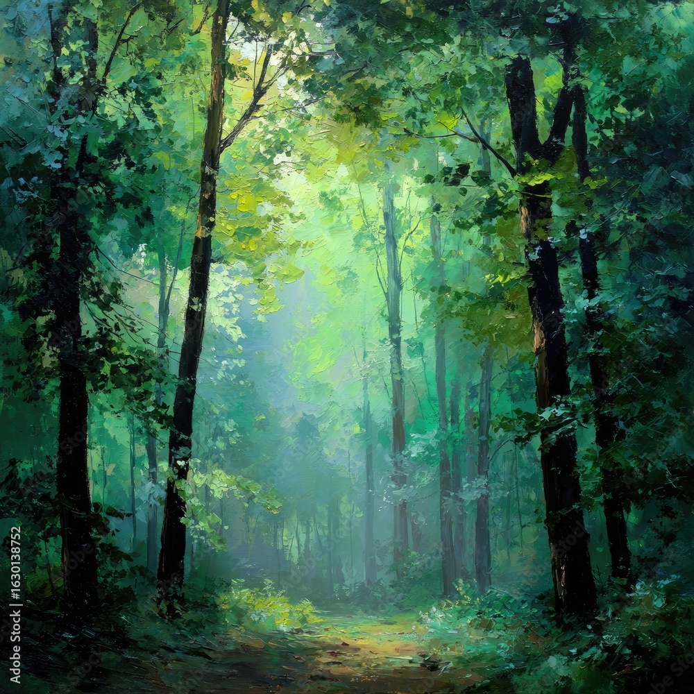 Fototapeta premium Lush forest path bathed in soft light