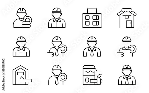 Collection of construction worker and building icons silhouette isolated on white background