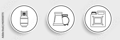 Set line Canister for gasoline, Propane tank and Oil and industrial factory building icon. Vector