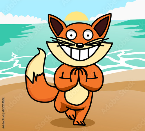 Illustration of a fox doing yoga on the beach