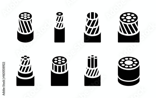 Collection of electrical wire cross sections and strands silhouette isolated on white background