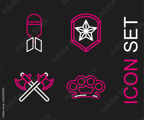 Set line Brass knuckles, Crossed medieval axes, Police badge and Aviation bomb icon. Vector