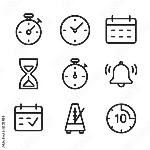 Timing Icon Set. Outline icon set of precise timing: stopwatch, clock, calendar, hourglass, timer, alarm bell, calendar with
