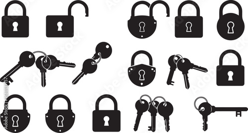 Set of Black Silhouette Padlocks and Keys in Various Open and Closed Positions security safety