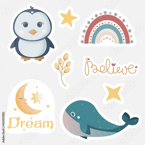 Colorful sticker set featuring cute animals and whimsical designs  