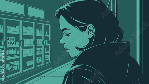 Woman Contemplating in a Grocery Store Aisle Side Profile View.