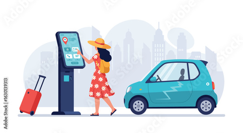 Traveler using digital kiosk for car rental in urban city setting