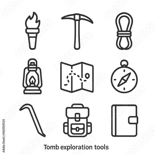 Tomb Exploration Icon Set. Outline icon set of tomb exploration tools: torch, pickaxe, rope, lantern, map, compass, crowbar,