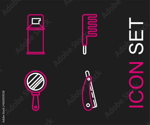 Set line Straight razor, Hand mirror, Hairbrush and Shaving gel foam icon. Vector