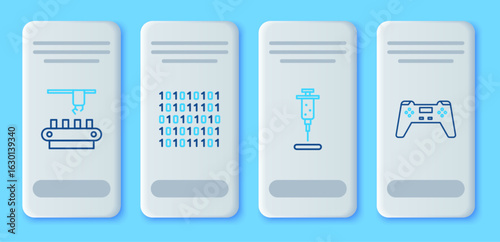 Set line Binary code, Syringe, Factory conveyor system belt and Gamepad icon. Vector