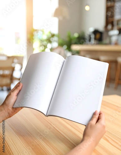 Hands holding an open blank magazine mockup in a coffee shop