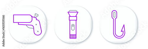 Set line Fishing hook, Flare gun pistol and Flashlight icon. Vector